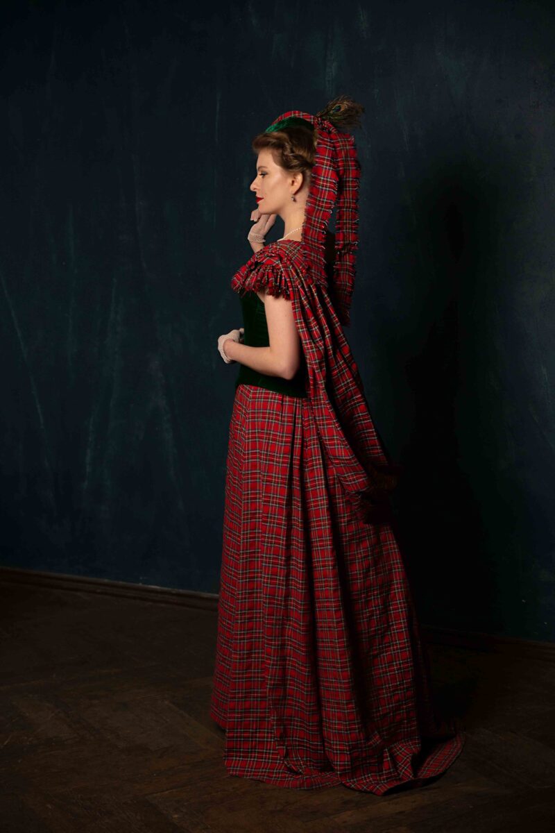 Victorian Scottish Style Dress, Victorian Plaid Christmas Ballgown, Red and Greeen Plaid 1880s Gown - Image 2
