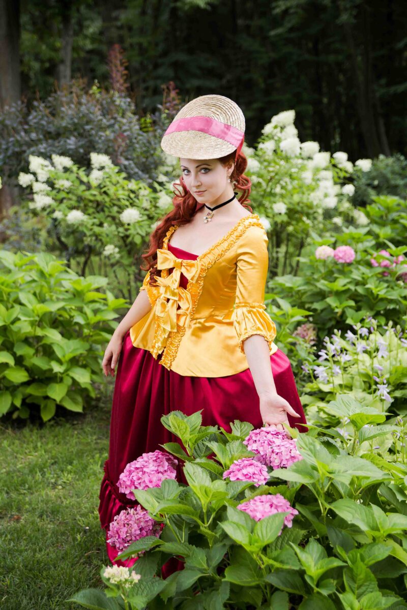 Yellow Rococo Costume, Canary Yellow Caraco Jacket and Berry Red Skirt