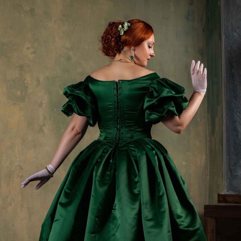 Christmas Green Ladie's Ball Gown, 1850s Crinoline Victorian Dress, American Civil War Gown