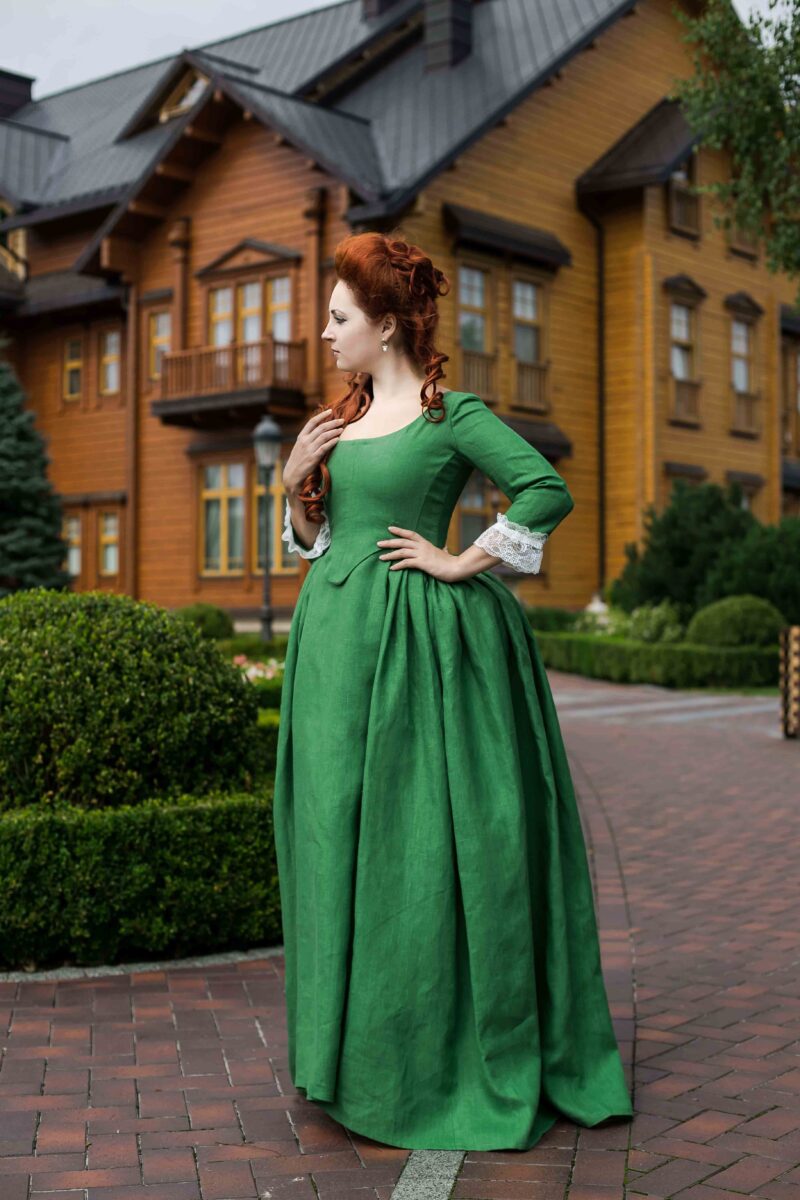 Demelza Green Linen Dress, Poldark Inspired Green Linen Gown - Image 3