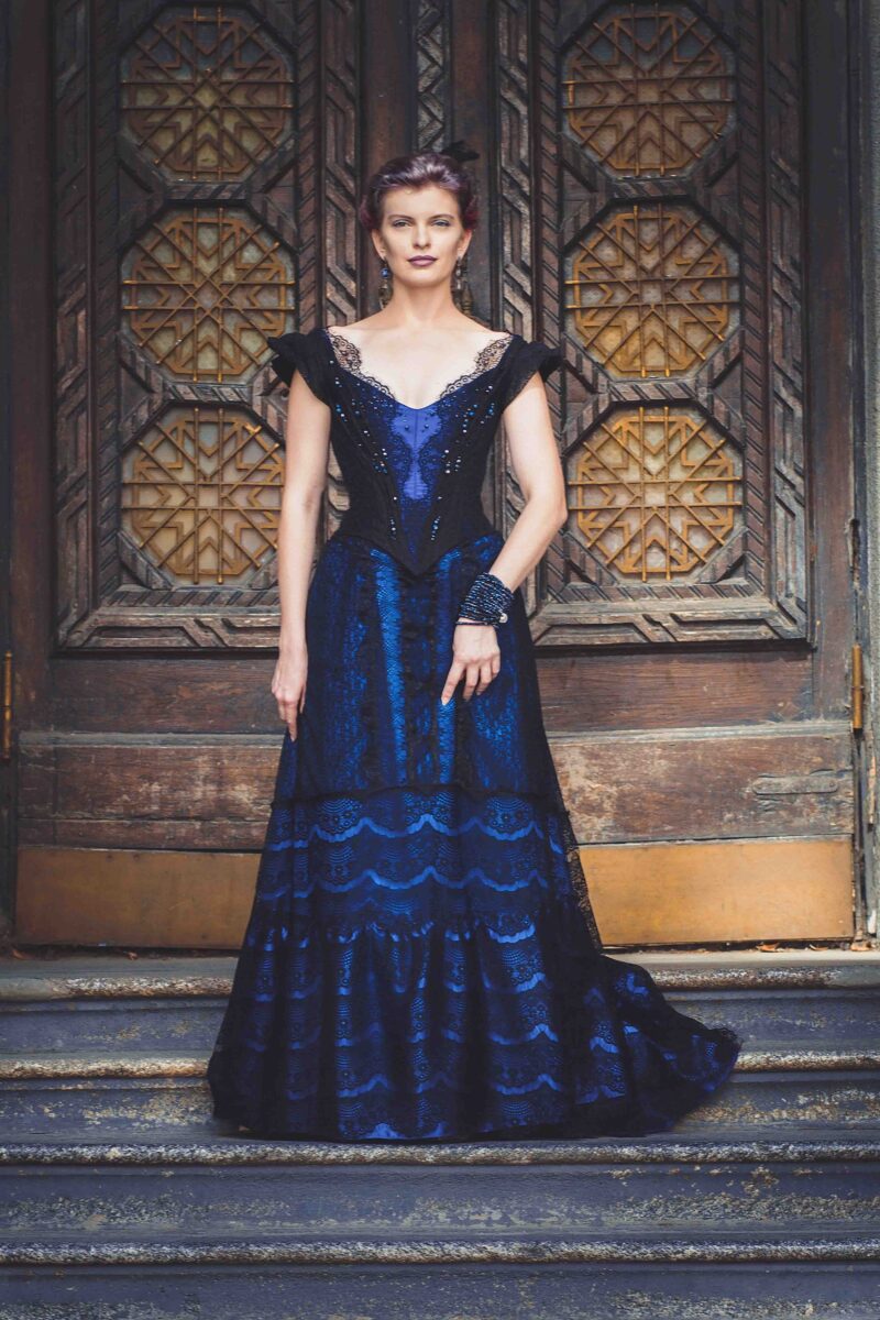 Edwardian 1890s Gown, Victorian Black and Blue Dress, Gothic Wedding Dress, Lace and Crystals Gown