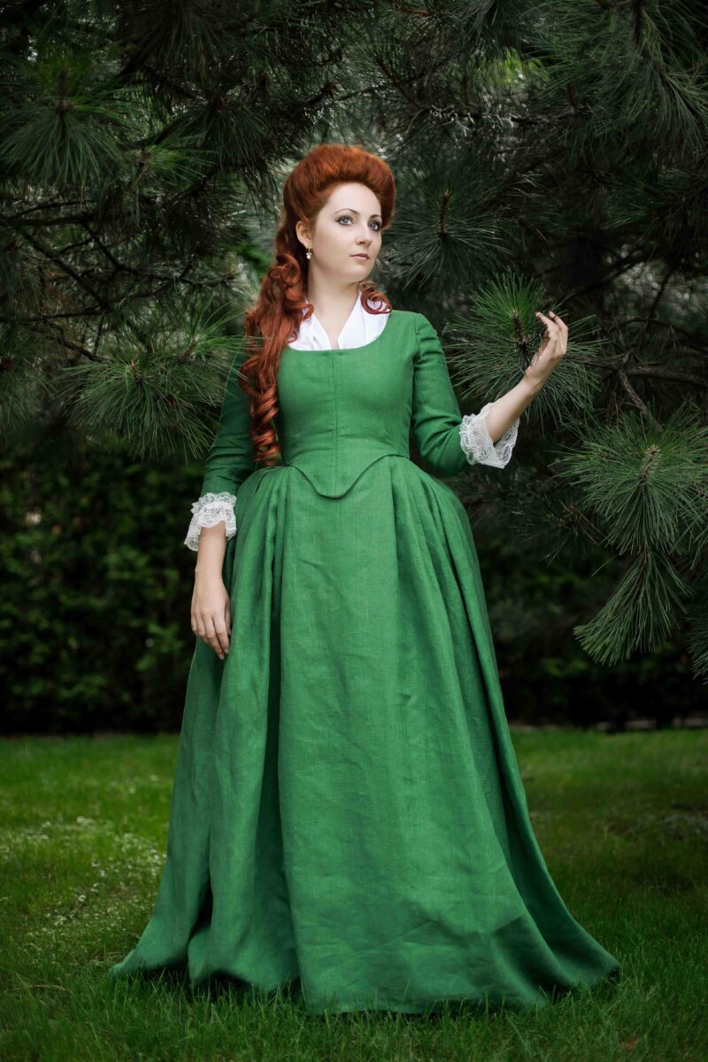 Demelza Green Linen Dress, Poldark Inspired Green Linen Gown - Image 2