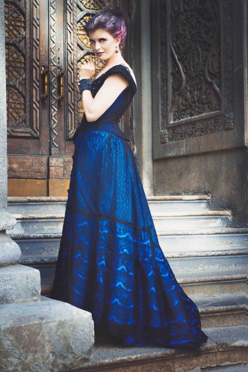 Edwardian 1890s Gown, Victorian Black and Blue Dress, Gothic Wedding Dress, Lace and Crystals Gown - Image 3