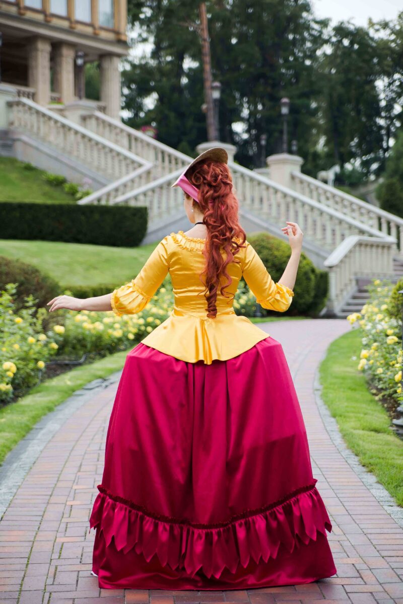 Yellow Rococo Costume, Canary Yellow Caraco Jacket and Berry Red Skirt - Image 8