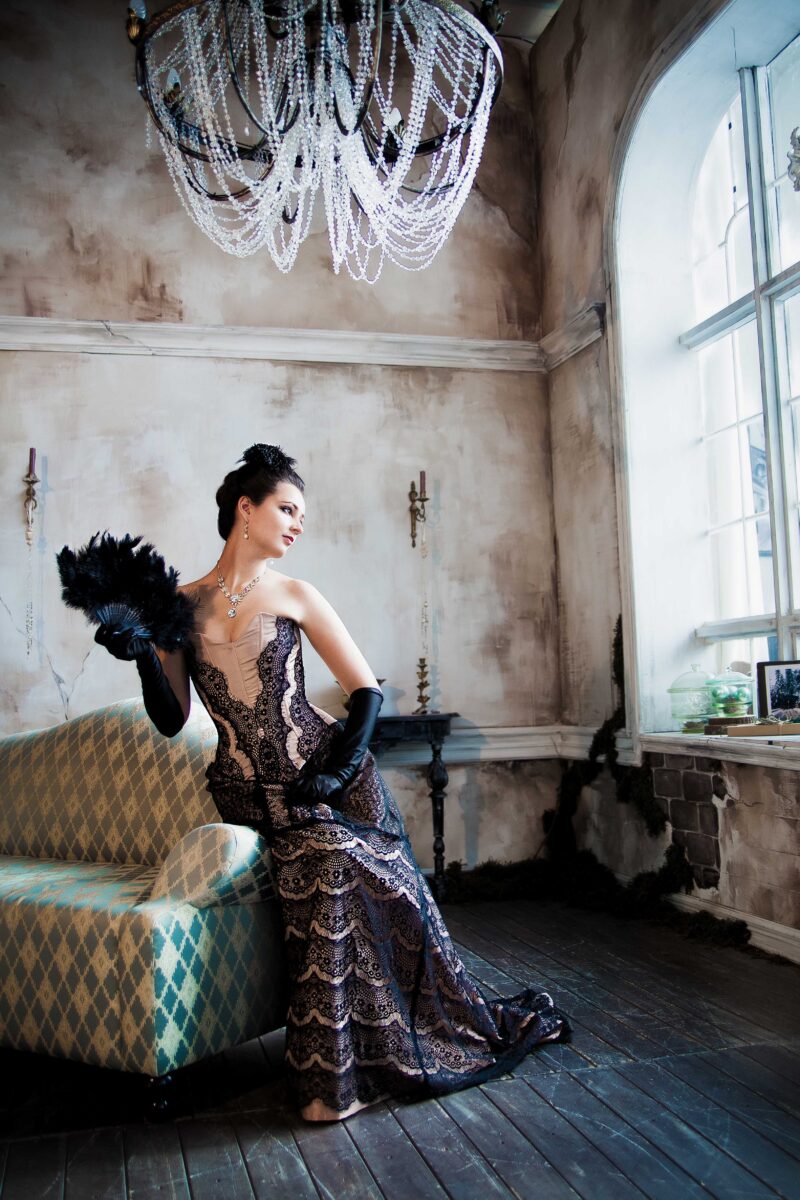 Beige and Black Corsetted Costume, Victorian Style Dress, 1880s Gothic Ballgown, Black Lace Gown with Corset