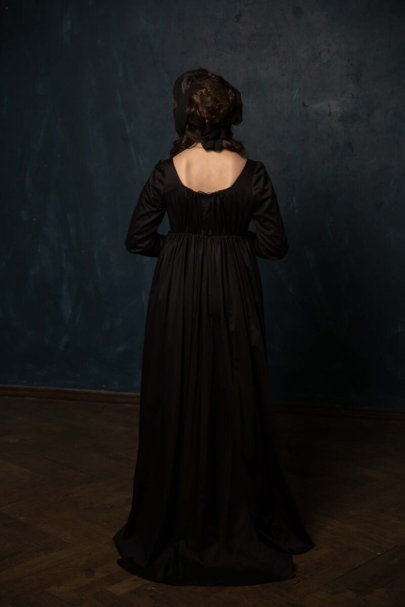 Regency Mourning Gown, Napoleonic Black Satin Round Gown, 1790s Round Gown - Image 5