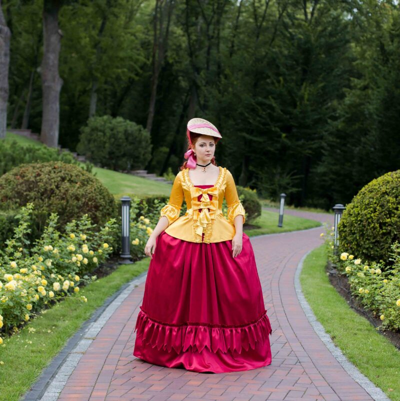 Yellow Rococo Costume, Canary Yellow Caraco Jacket and Berry Red Skirt - Image 2