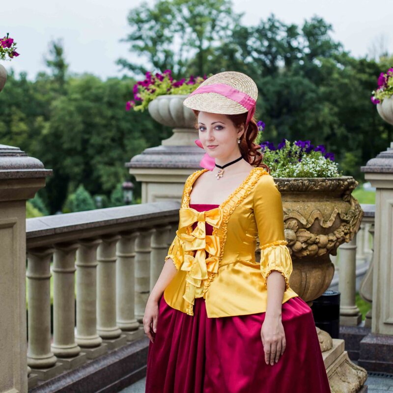 Yellow Rococo Costume, Canary Yellow Caraco Jacket and Berry Red Skirt - Image 5