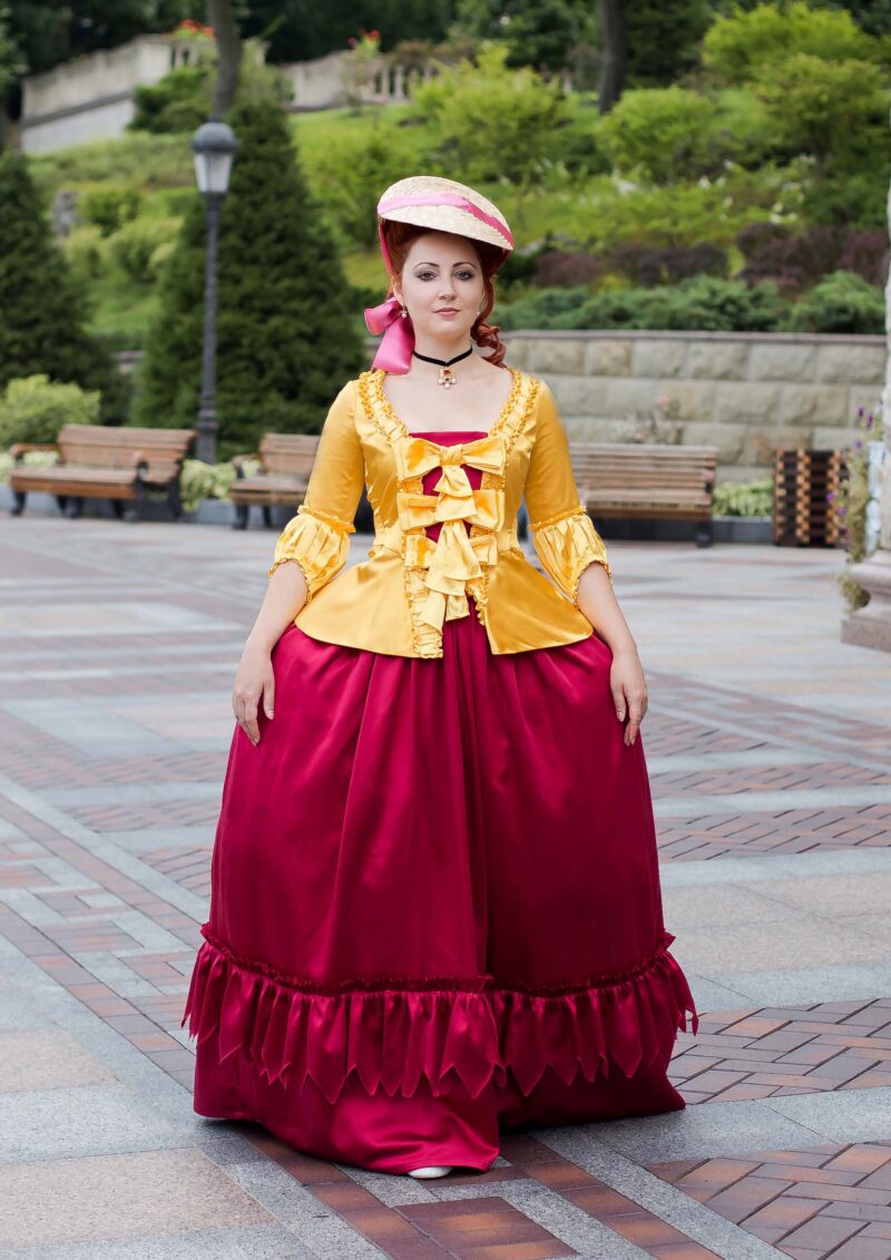 Yellow Rococo Costume, Canary Yellow Caraco Jacket and Berry Red Skirt - Image 6