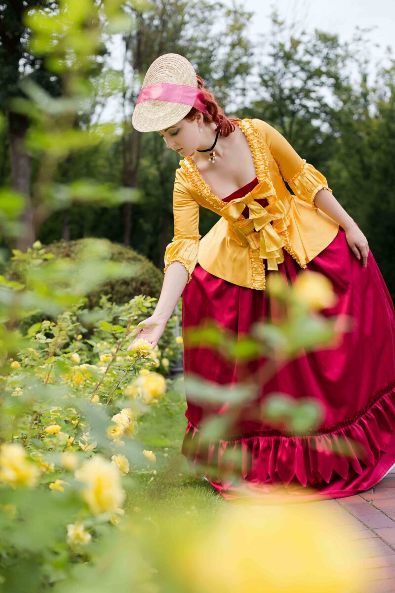 Yellow Rococo Costume, Canary Yellow Caraco Jacket and Berry Red Skirt - Image 7