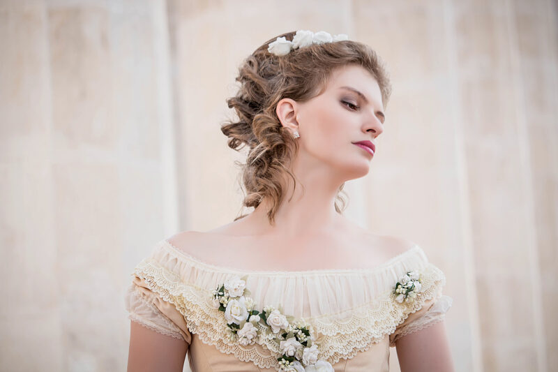 Milk-white Flower Bustle Gown, 1880s Wedding Dress, Historical Flowers Ballgown - Image 3