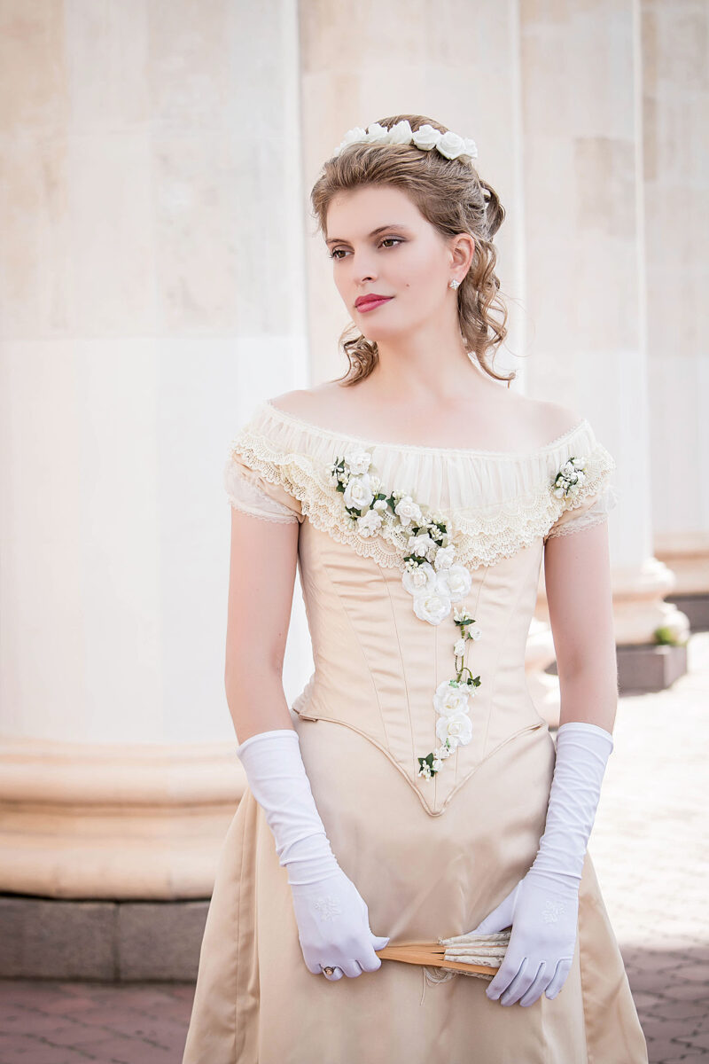 Milk-white Flower Bustle Gown, 1880s Wedding Dress, Historical Flowers Ballgown - Image 4