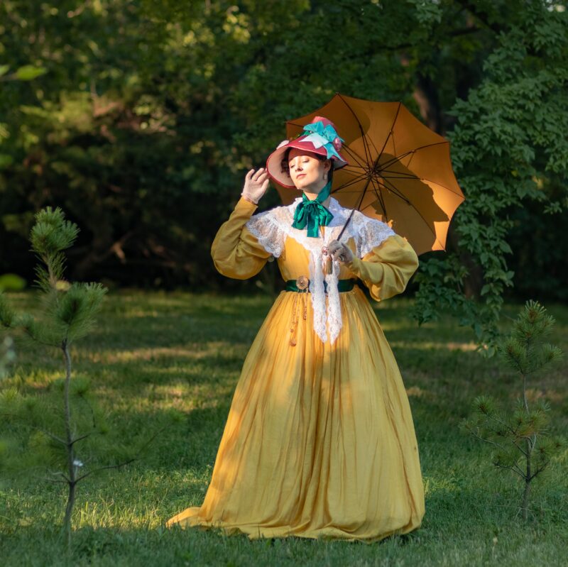 Yellow 1830s Walking Gown, Citrine Yellow Romanticism Gown, Sheer Cotton 1832 Dress