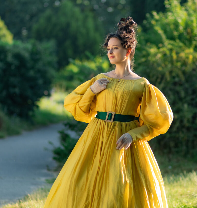 Yellow 1830s Walking Gown, Citrine Yellow Romanticism Gown, Sheer Cotton 1832 Dress - Image 10