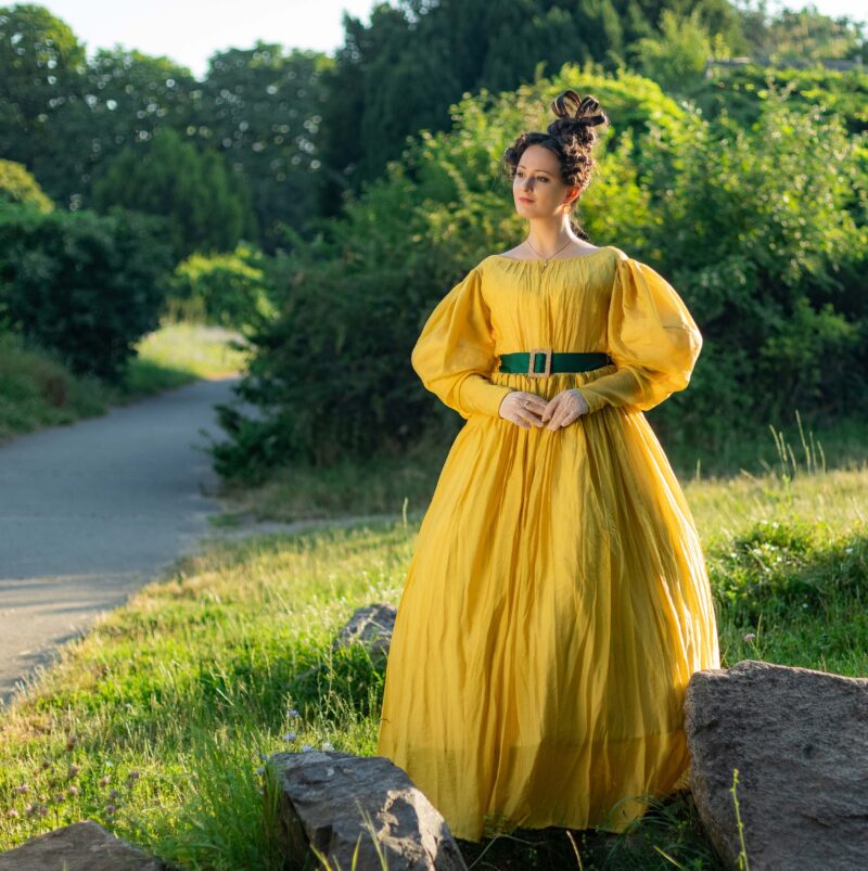 Yellow 1830s Walking Gown, Citrine Yellow Romanticism Gown, Sheer Cotton 1832 Dress - Image 11