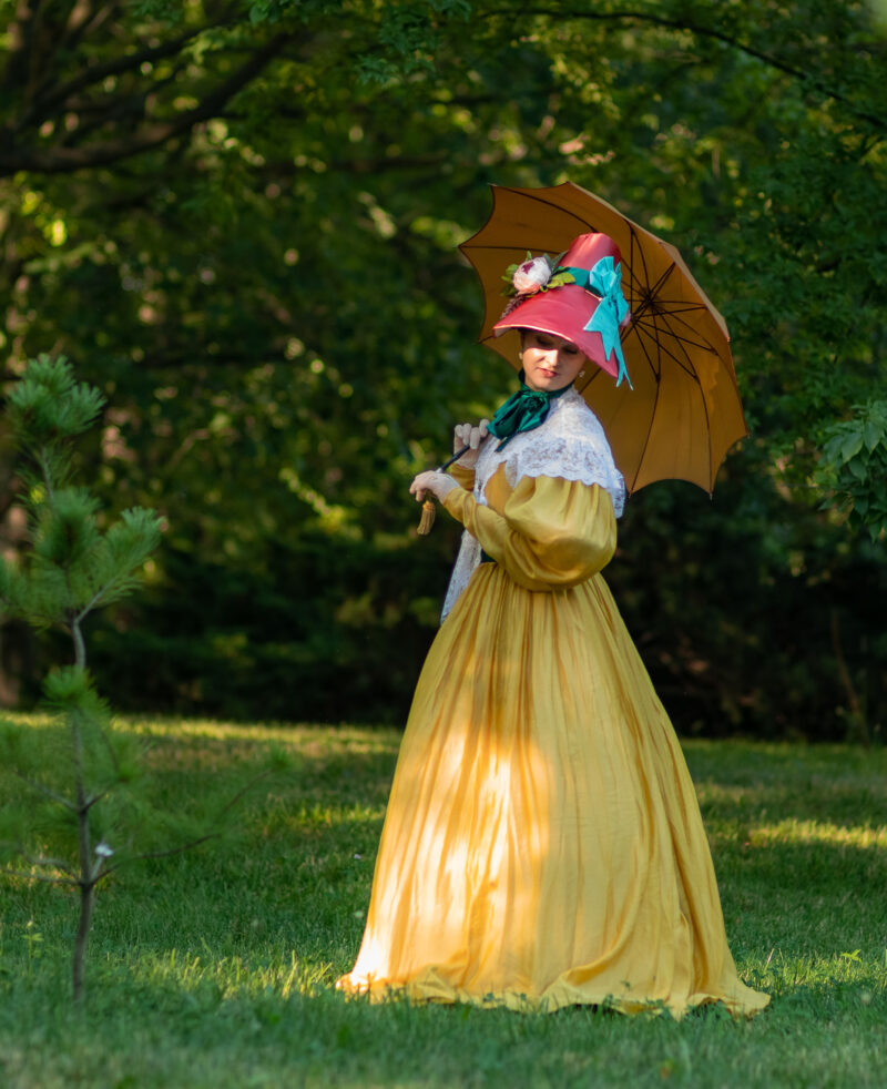 Yellow 1830s Walking Gown, Citrine Yellow Romanticism Gown, Sheer Cotton 1832 Dress - Image 4