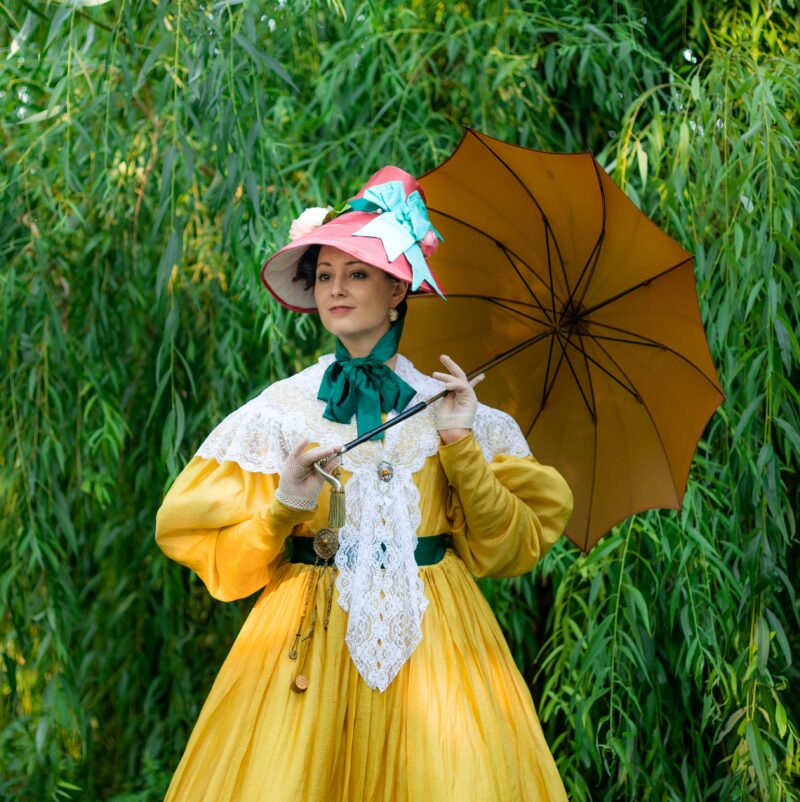 Yellow 1830s Walking Gown, Citrine Yellow Romanticism Gown, Sheer Cotton 1832 Dress - Image 5