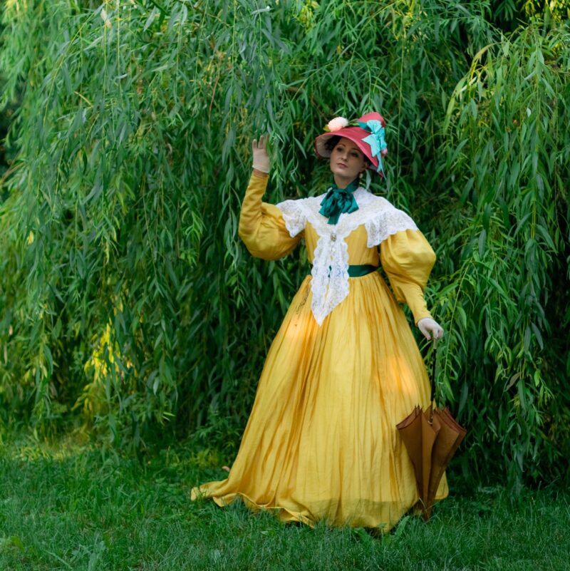 Yellow 1830s Walking Gown, Citrine Yellow Romanticism Gown, Sheer Cotton 1832 Dress - Image 6