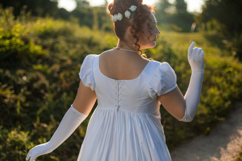 White Jane Austen White Dress, 1800s Regency Ballgown, Napoleonic Cotton Wedding Gown - Image 6