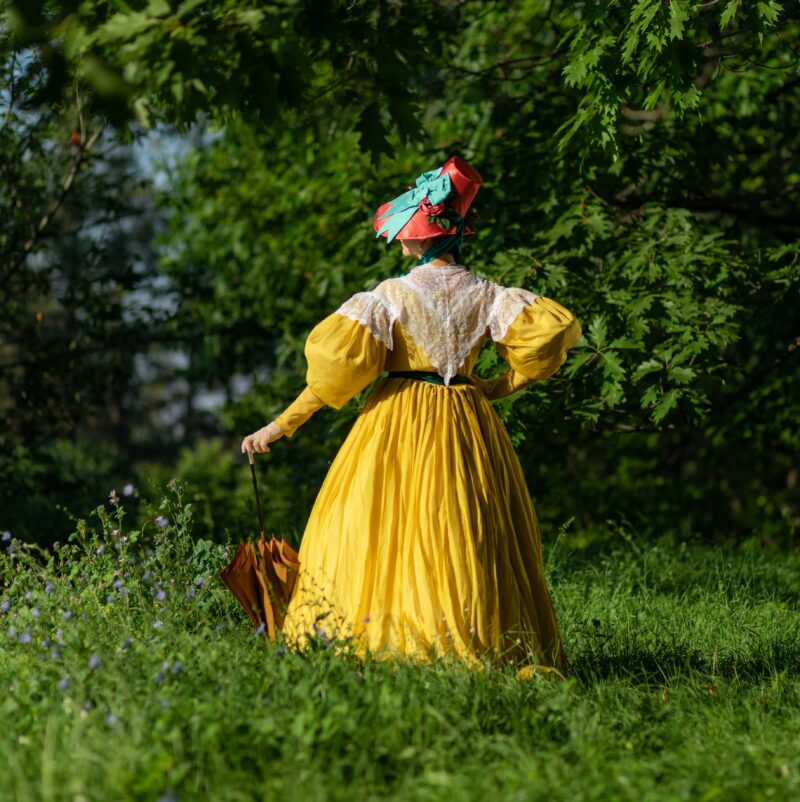 Yellow 1830s Walking Gown, Citrine Yellow Romanticism Gown, Sheer Cotton 1832 Dress - Image 2