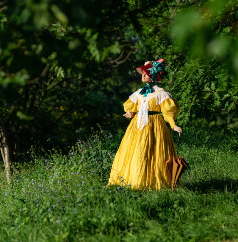 Yellow 1830s Walking Gown, Citrine Yellow Romanticism Gown, Sheer Cotton 1832 Dress - Image 7