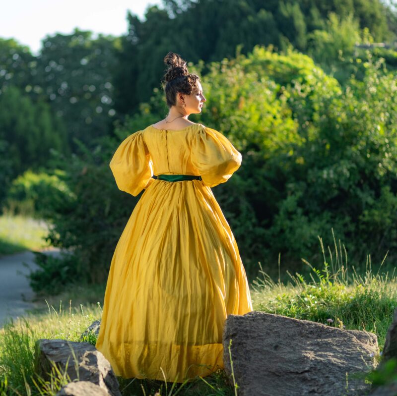 Yellow 1830s Walking Gown, Citrine Yellow Romanticism Gown, Sheer Cotton 1832 Dress - Image 9