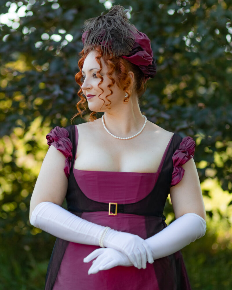 Late Regency Ballgown, Dark Magenta Taffeta 1800s Gown, 1820s Regency Court Dress With Cape - Image 2