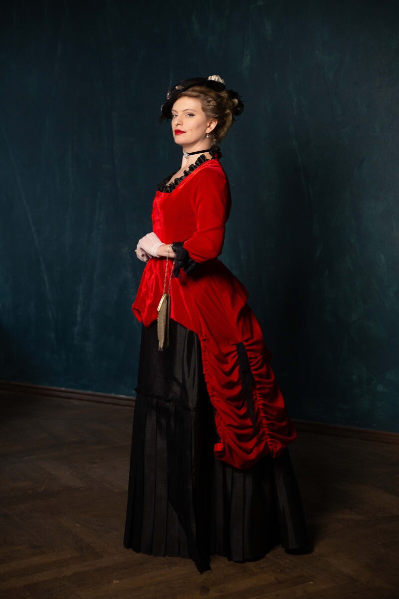 Red and Black Victorian Walking Dress, Vampire Gothic Velvet Outfit - Image 2