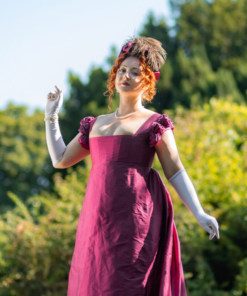 Late Regency Ballgown, Dark Magenta Taffeta 1800s Gown, 1820s Regency Court Dress With Cape - Image 7