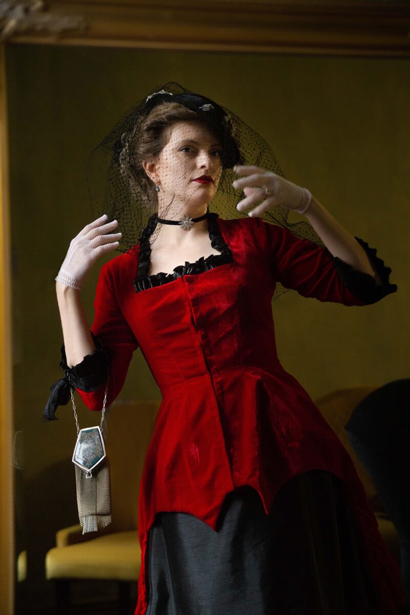 Red and Black Victorian Walking Dress, Vampire Gothic Velvet Outfit - Image 10