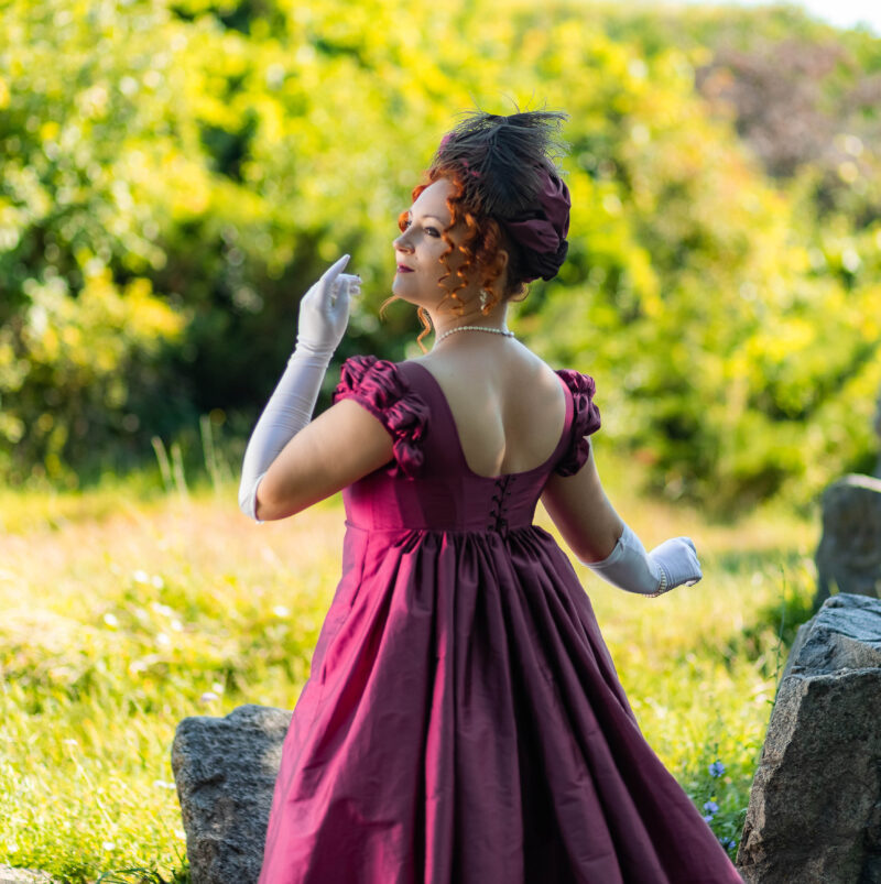 Late Regency Ballgown, Dark Magenta Taffeta 1800s Gown, 1820s Regency Court Dress With Cape - Image 9
