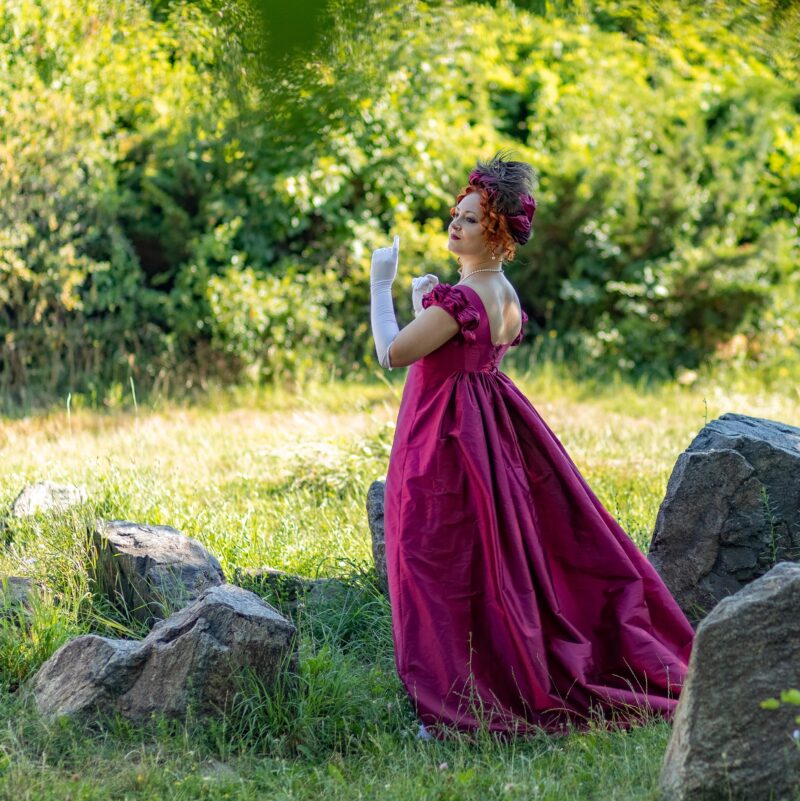 Late Regency Ballgown, Dark Magenta Taffeta 1800s Gown, 1820s Regency Court Dress With Cape - Image 8