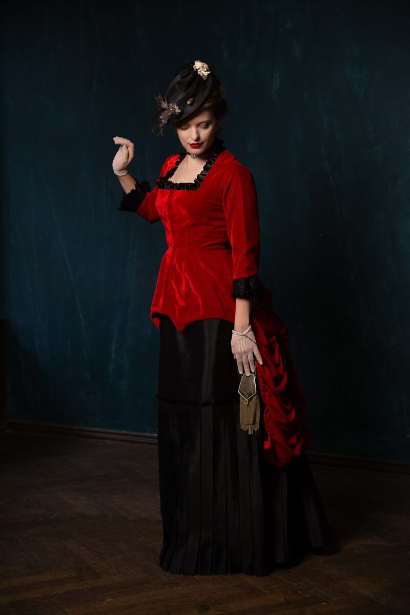 Red and Black Victorian Walking Dress, Vampire Gothic Velvet Outfit - Image 3