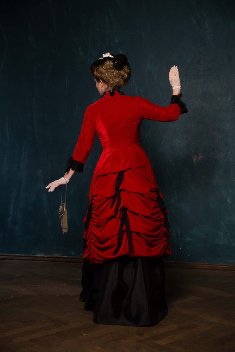 Red and Black Victorian Walking Dress, Vampire Gothic Velvet Outfit - Image 4