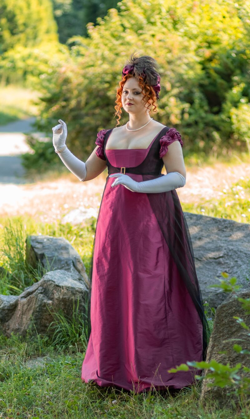 Late Regency Ballgown, Dark Magenta Taffeta 1800s Gown, 1820s Regency Court Dress With Cape - Image 4