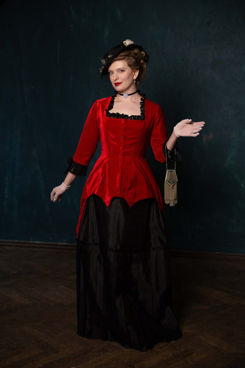 Red and Black Victorian Walking Dress, Vampire Gothic Velvet Outfit - Image 5