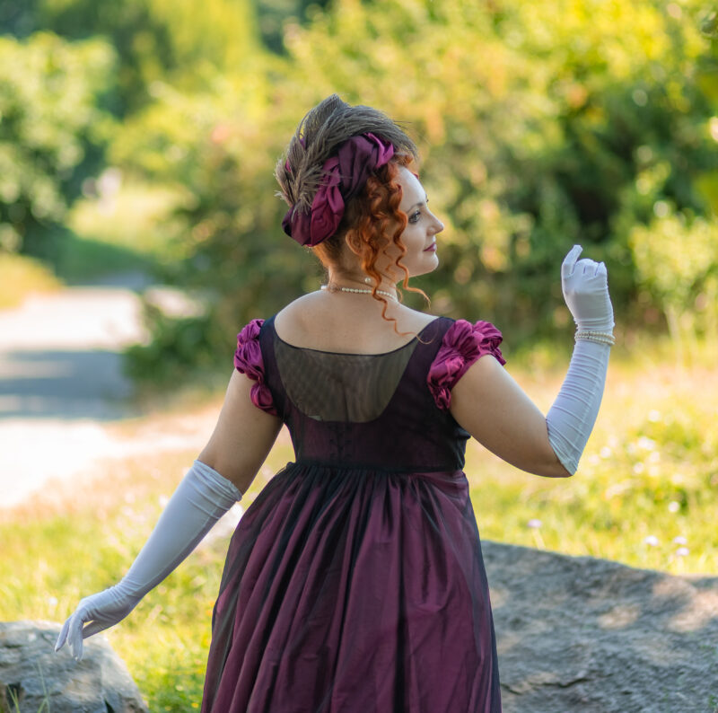 Late Regency Ballgown, Dark Magenta Taffeta 1800s Gown, 1820s Regency Court Dress With Cape - Image 5