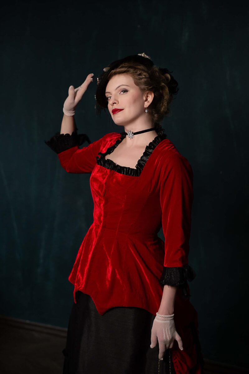 Red and Black Victorian Walking Dress, Vampire Gothic Velvet Outfit - Image 7