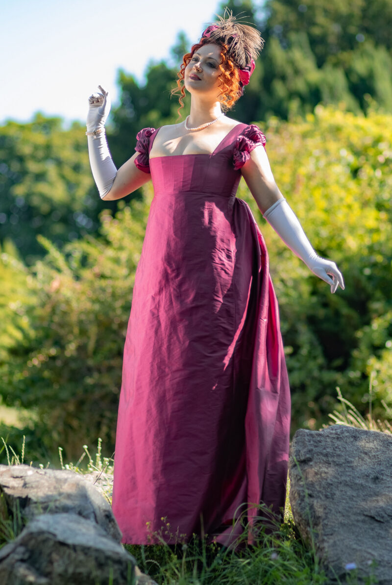 Late Regency Ballgown, Dark Magenta Taffeta 1800s Gown, 1820s Regency Court Dress With Cape - Image 6