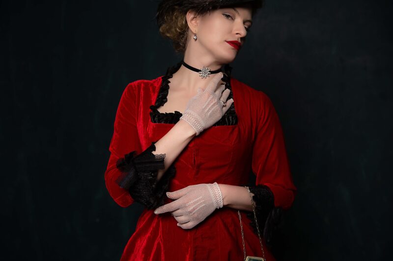 Red and Black Victorian Walking Dress, Vampire Gothic Velvet Outfit - Image 9