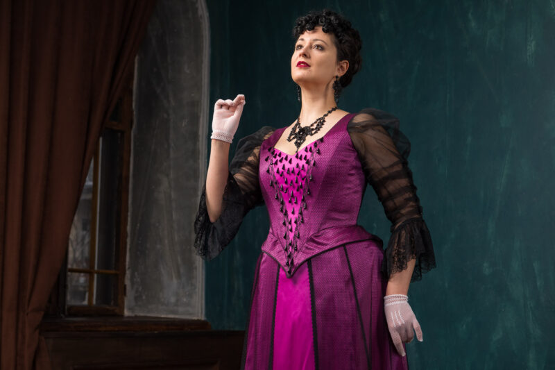 Belle Epoque Beaded Gown, 1890s Couture Victorian Dress, Gilded Age Pink and Black Ballgown