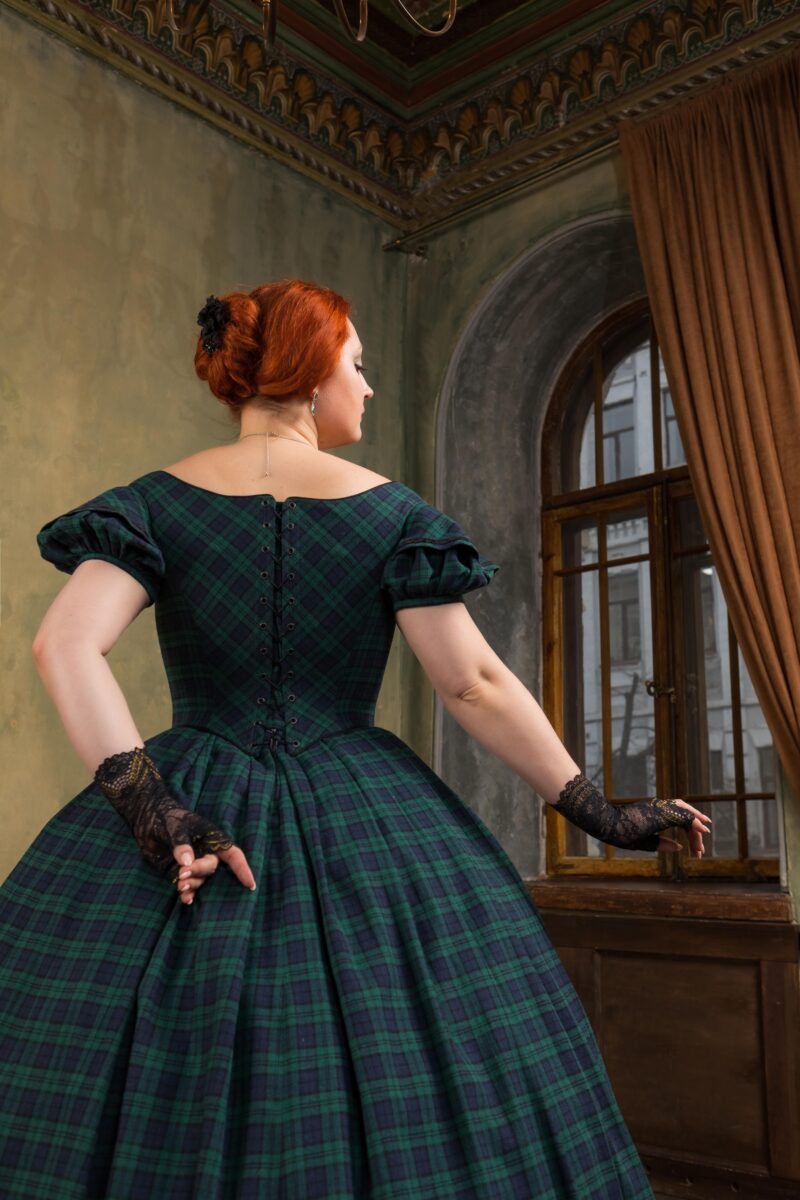 1850s Plaid Dress, Queen Victoria Scottish Gown, Victorian Green and Blue Ballgown