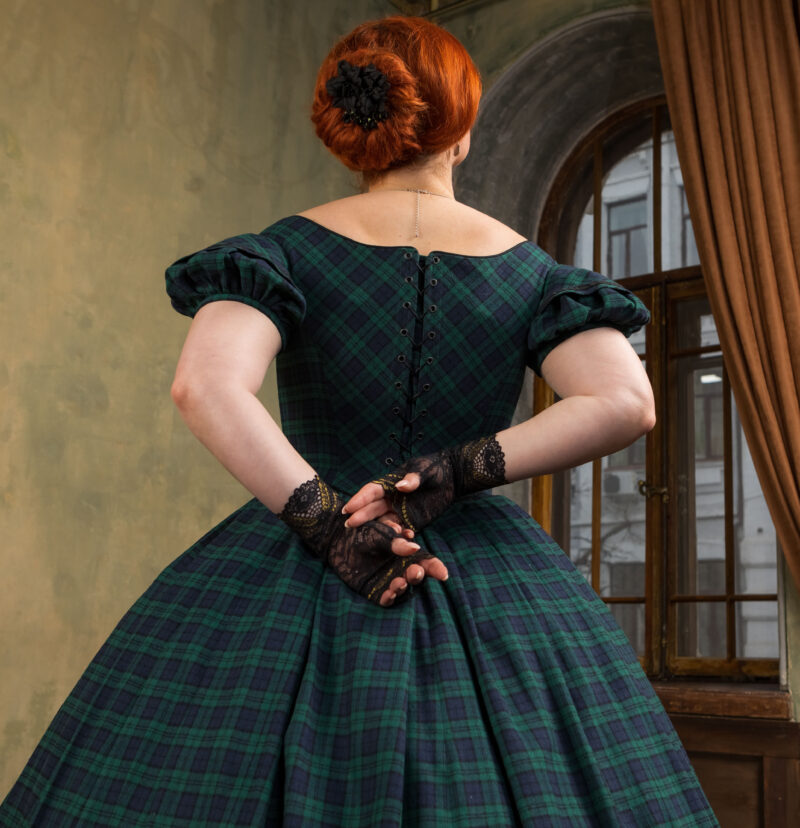 1850s Plaid Dress, Queen Victoria Scottish Gown, Victorian Green and Blue Ballgown