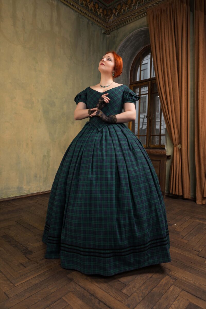 1850s Plaid Dress, Queen Victoria Scottish Gown, Victorian Green and Blue Ballgown