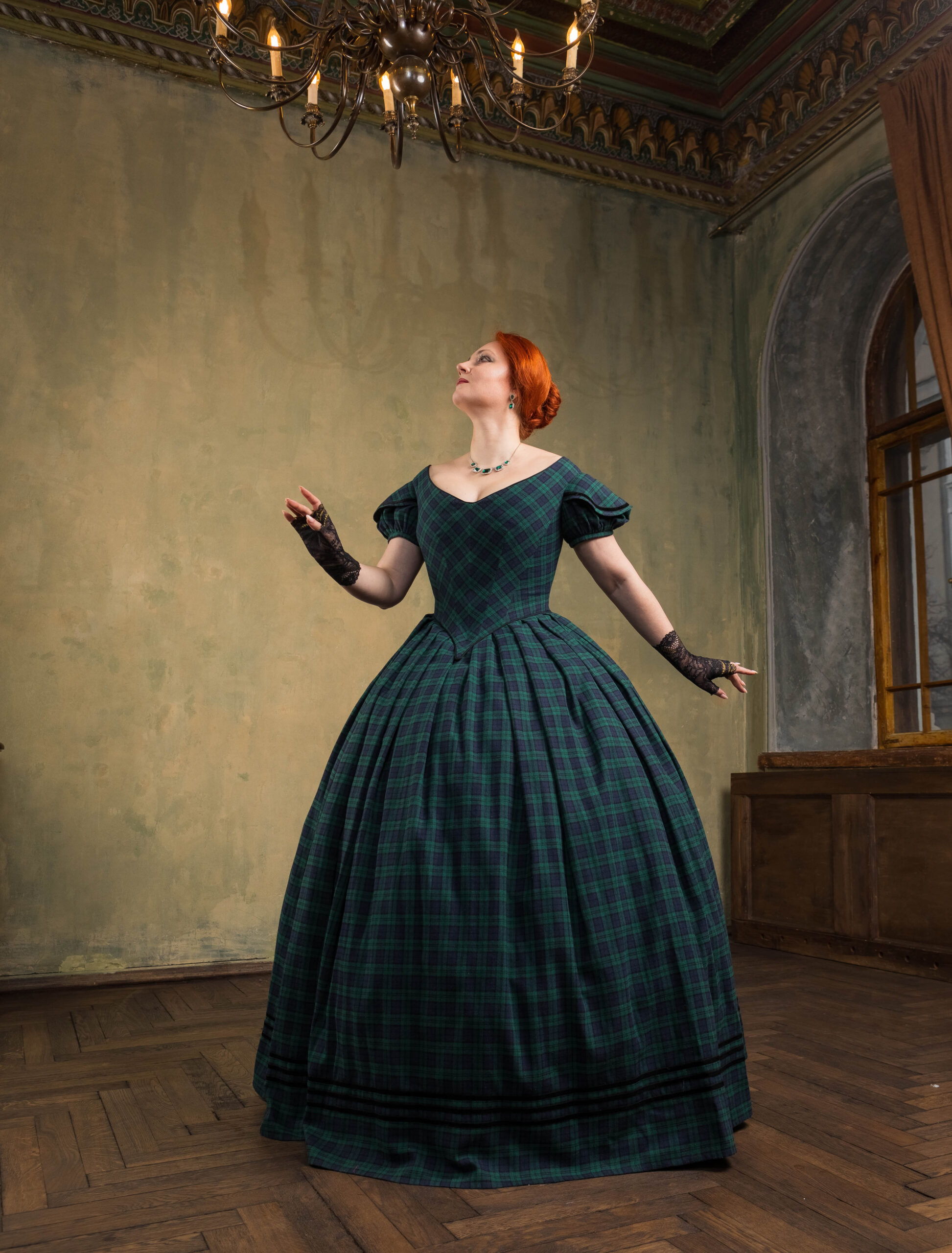1850s Plaid Dress, Queen Victoria Scottish Gown, Victorian Green and Blue Ballgown