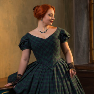 1850s Plaid Dress, Queen Victoria Scottish Gown, Victorian Green and Blue Ballgown