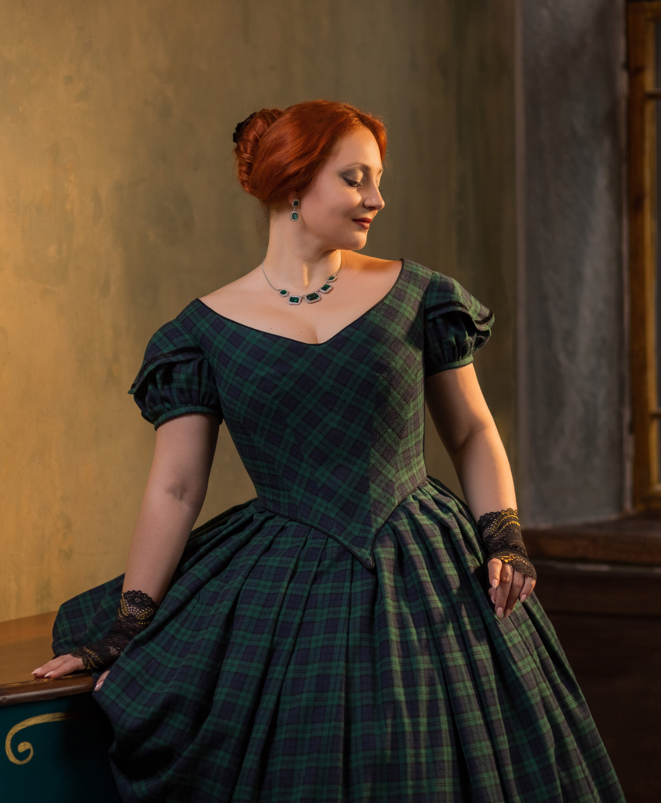 1850s Plaid Dress, Queen Victoria Scottish Gown, Victorian Green and Blue Ballgown