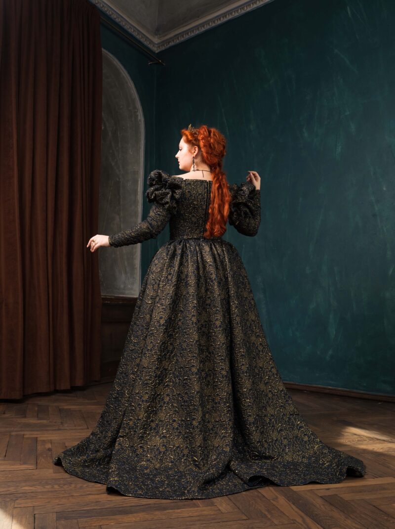 Dark Queen Black and Gold Gown, Halloween Renaissance Dress, Elizabethan Dark Fantasy Gown - Image 3