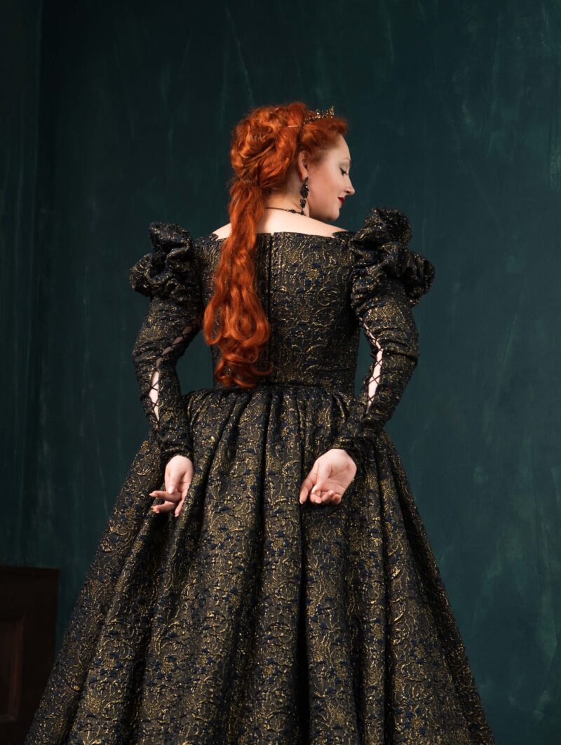 Dark Queen Black and Gold Gown, Halloween Renaissance Dress, Elizabethan Dark Fantasy Gown