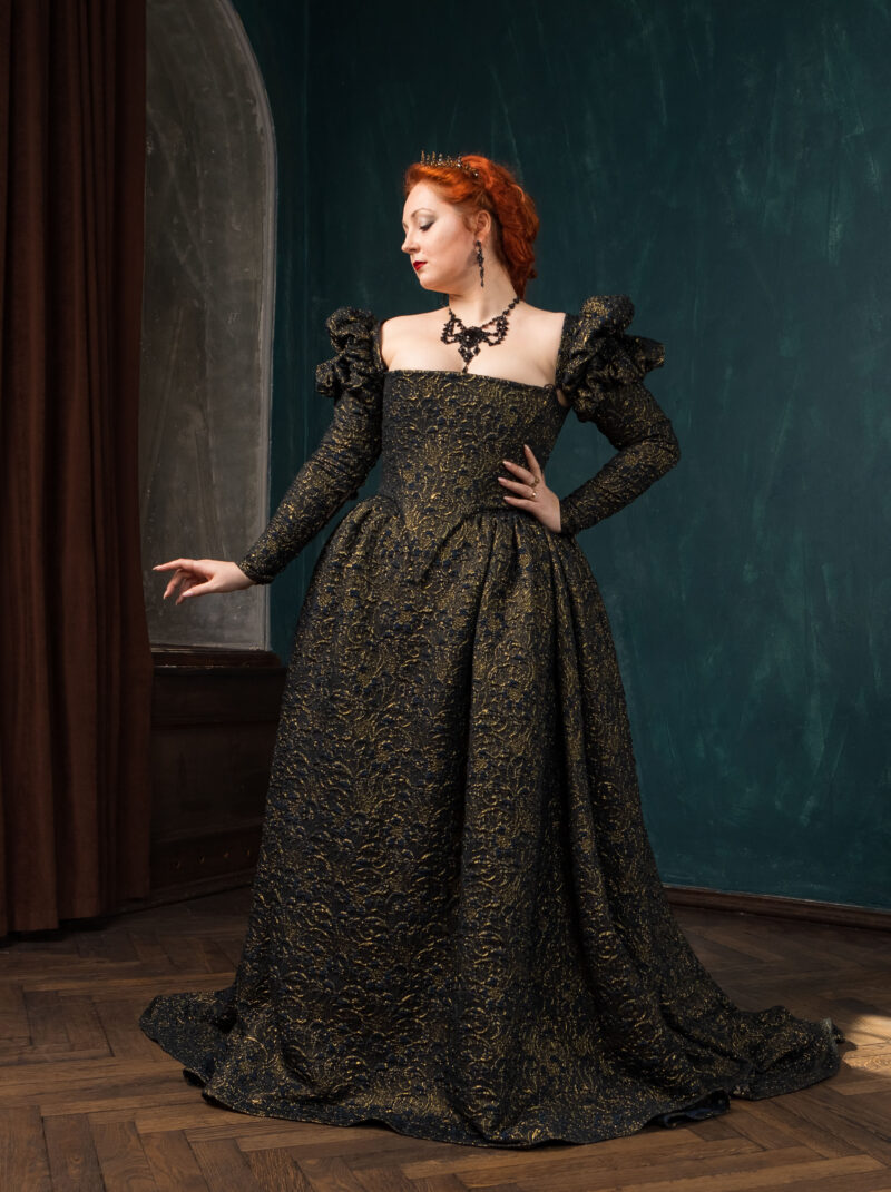 Dark Queen Black and Gold Gown, Halloween Renaissance Dress, Elizabethan Dark Fantasy Gown - Image 7